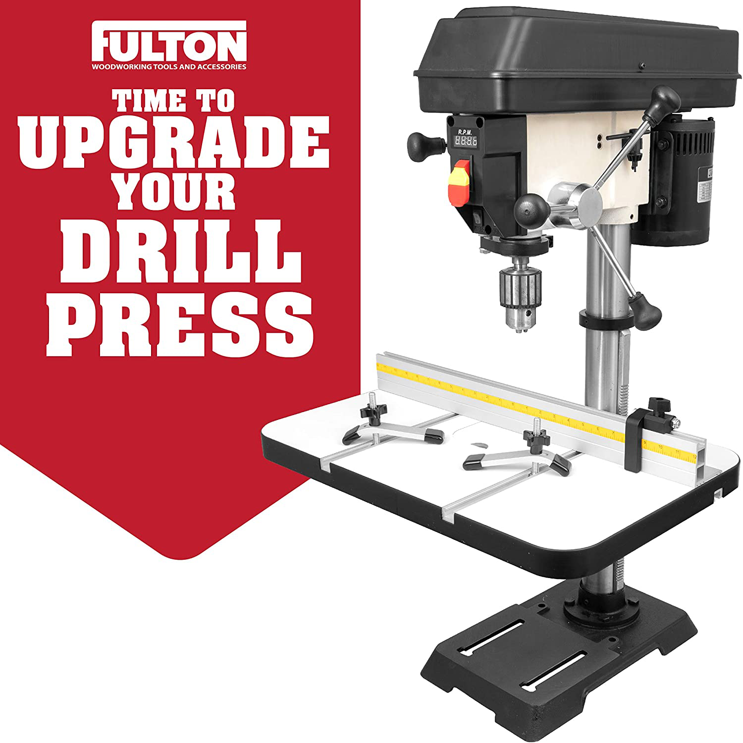 Drill Press Table with Precision Tilt Fence System with Flip Stop and PVC Tipped Hold Downs