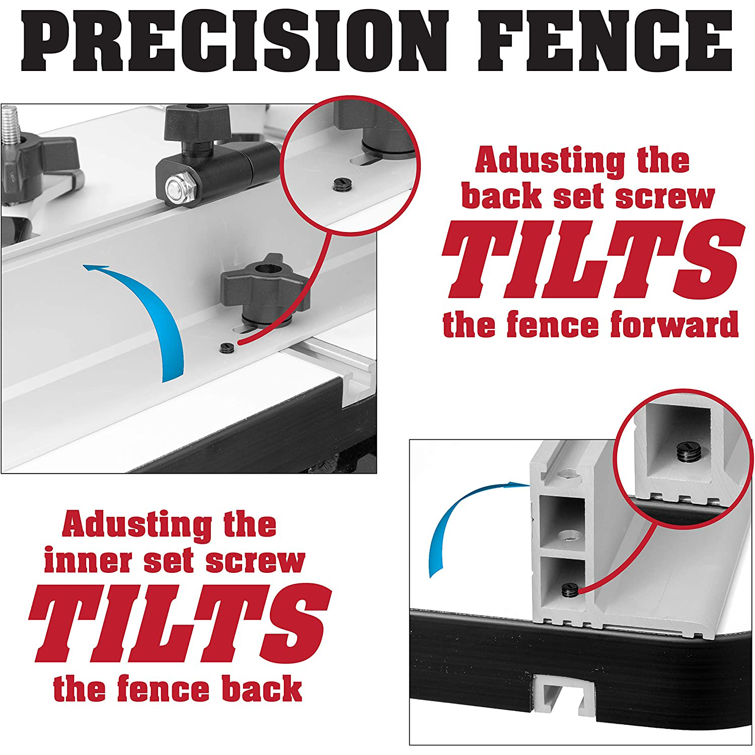 Drill Press Table with Precision Tilt Fence System with Flip Stop and PVC Tipped Hold Downs