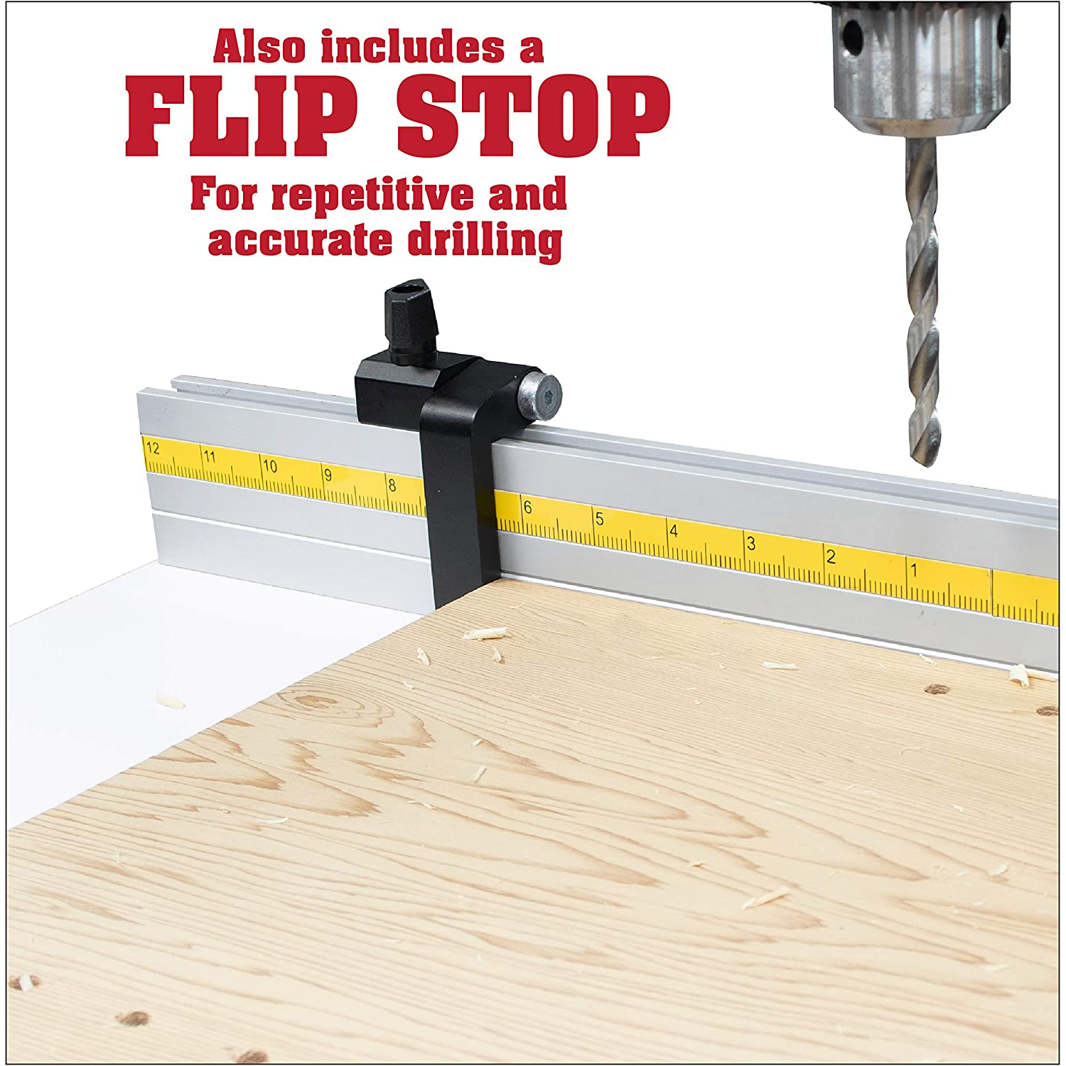Drill Press Table with Precision Tilt Fence System with Flip Stop and PVC Tipped Hold Downs