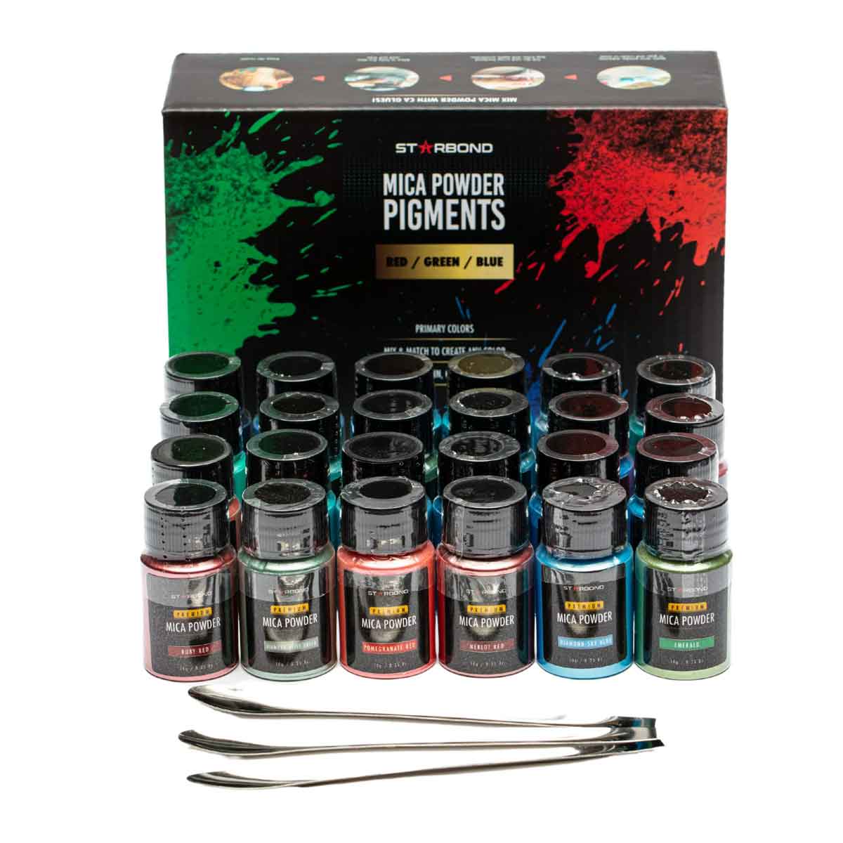 Starbond Mica Powder Pigment Set - Red, Green, Blue Palette - 24 ea. 10g Bottles