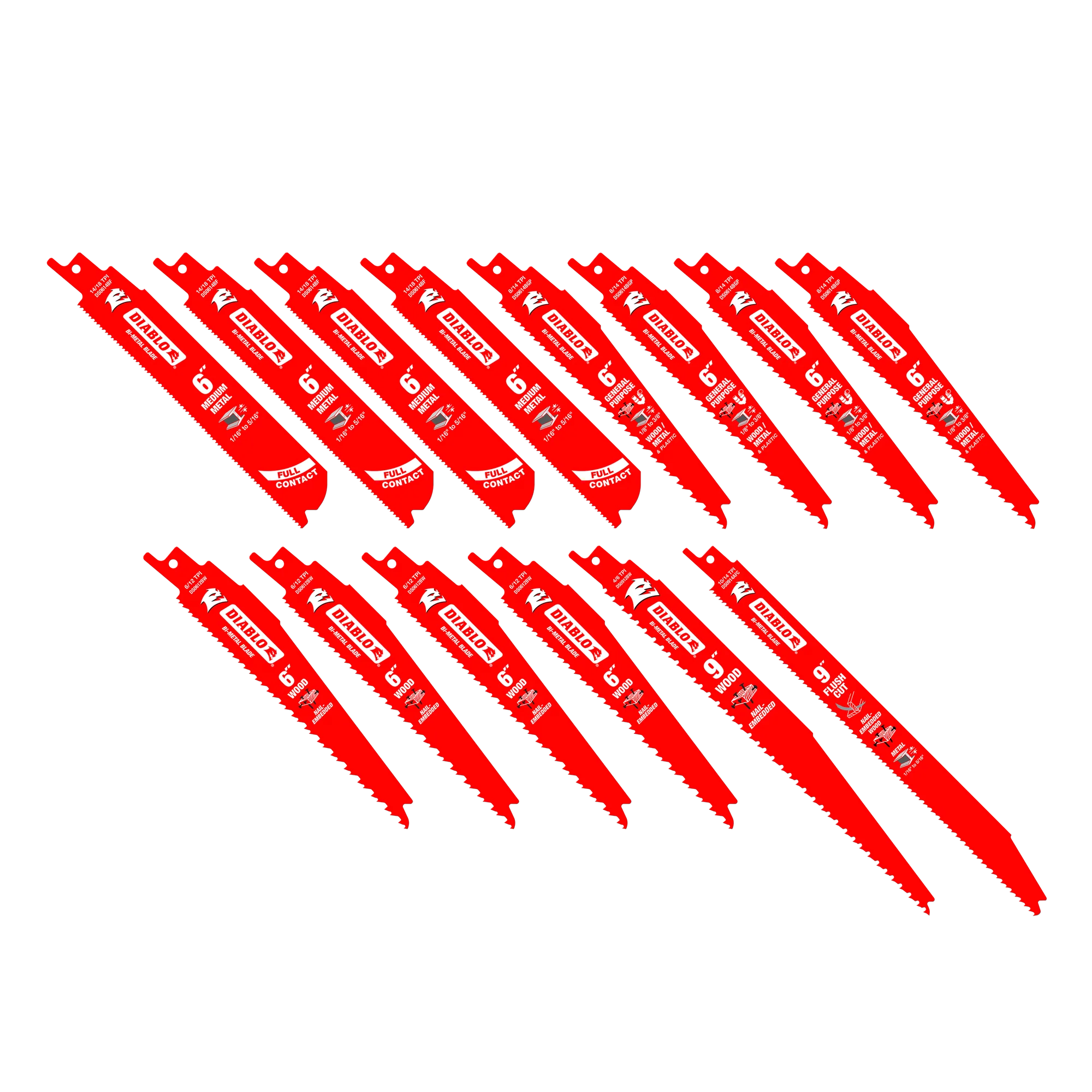14 PC Bi-Metal Reciprocating Blade Set for Nail-Embedded Wood & Metal Cutting / Demolition